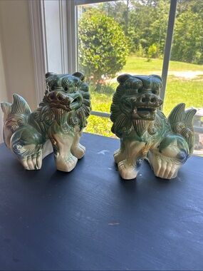 Pair of Ceramic Foo Dog Statues in Green and Cream